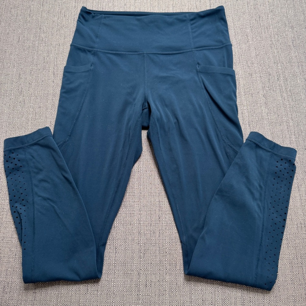 Athleta Womens Teal Blue Laser Cut Perforated Pocket Leggings Size M High Rise